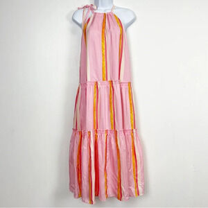 Club Monaco Amirra Halter Neck Dress Size 6 Striped Silk Tiered Midi Pink NWT